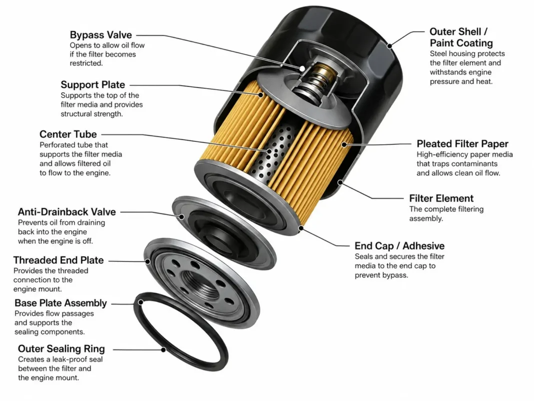 Engine oil filter structure showing bypass valve, pleated filter paper, center tube, end plate and sealing ring